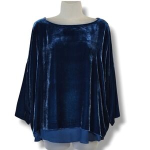 Poetry Velvet Top 12 Women Blue Silk Chiffon Hem Boxy Holiday Elegant Jewel Tone